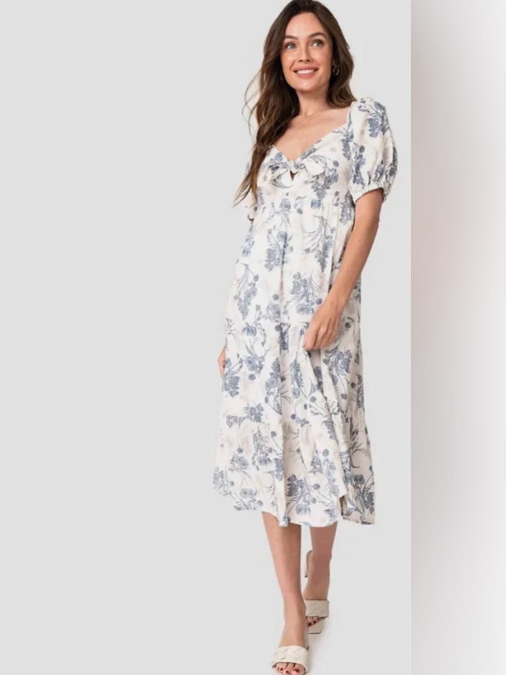 Gibsonlook Summertime Tie Front Cotton Blend Cream Blue‎ Midi Dress Slit Size S